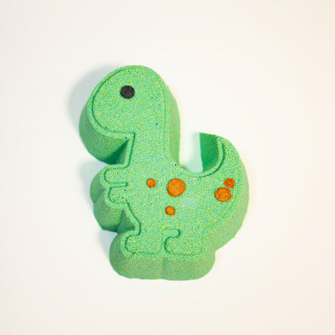 Bombe de bain Dino artisanale couleur orange, verte et mauve fait main Québec