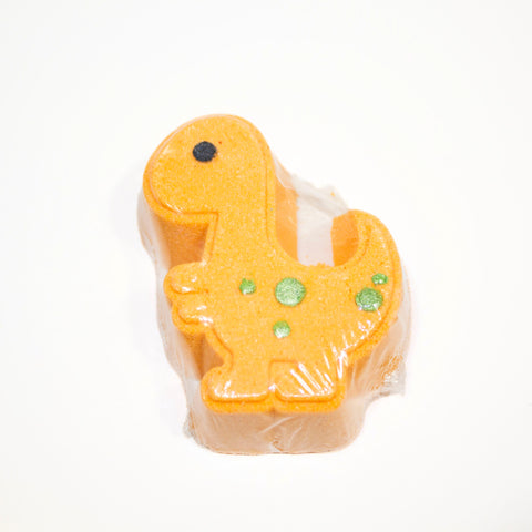 Bombe de bain Dino artisanale couleur orange, verte et mauve fait main Québec