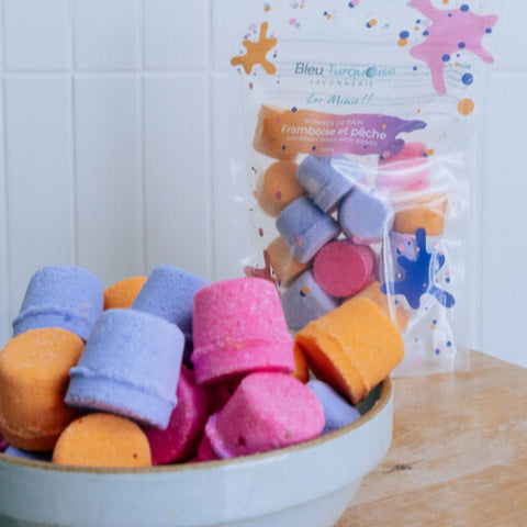 Mini bombes de bain naturelles parfum Framboise pêche – Savonnerie Bleu Turquoise