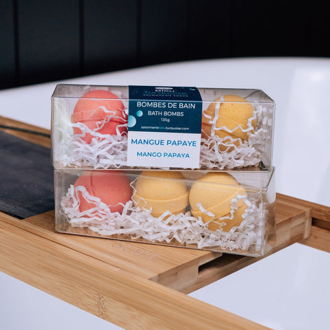 Trio de bombes de bain – Mangue papaye Savonnerie Bleu Turquoise
