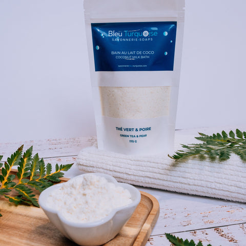 Bain moussant au lait de coco Thé vert et Poire – bain doux et rafraîchissant, mousse crémeuse pour la peau